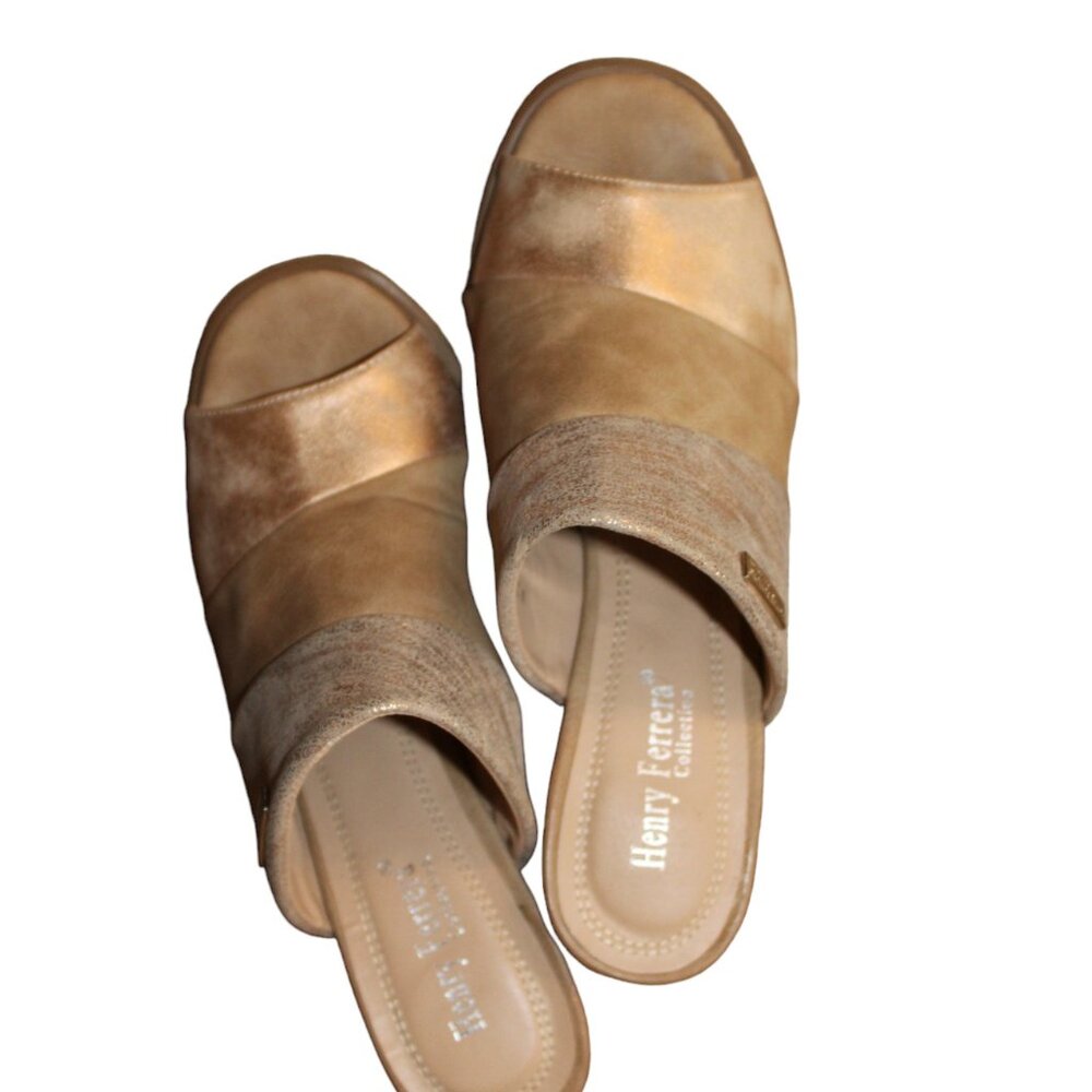 Henry Ferrera Champagne Slides with Wood Heels Size 7 NWT's GOLD TONES - Picture 2 of 7